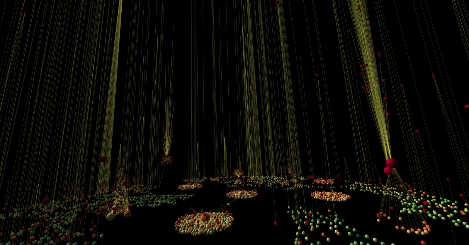 Twitter conversation in immersive VR — golden filaments rising from horizontal discs of node clusters.